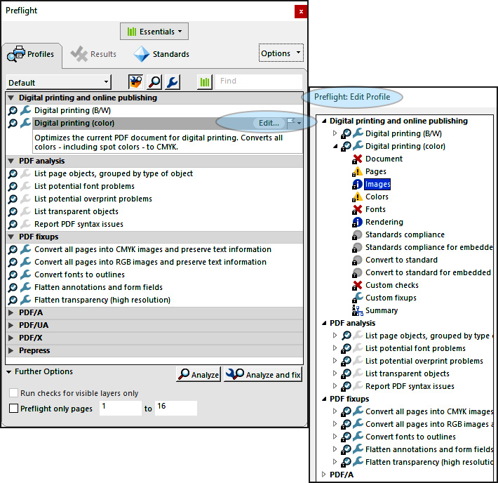 adobe pdf repair Adobe Acrobat Preflight panel showing repair options