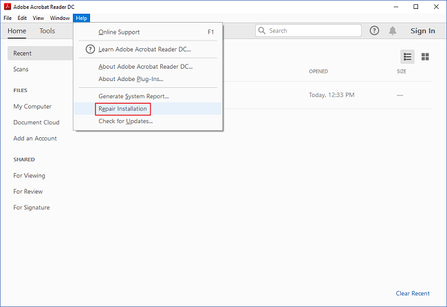 adobe reader cannot open pdf fix Adobe Reader repair installation window screenshot