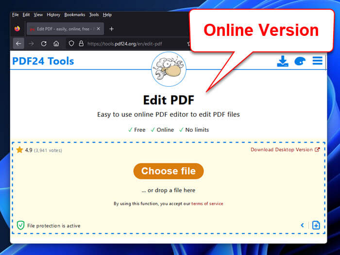 detect corrupted pdf web browser showing PDF24 online PDF error checker with file upload button
