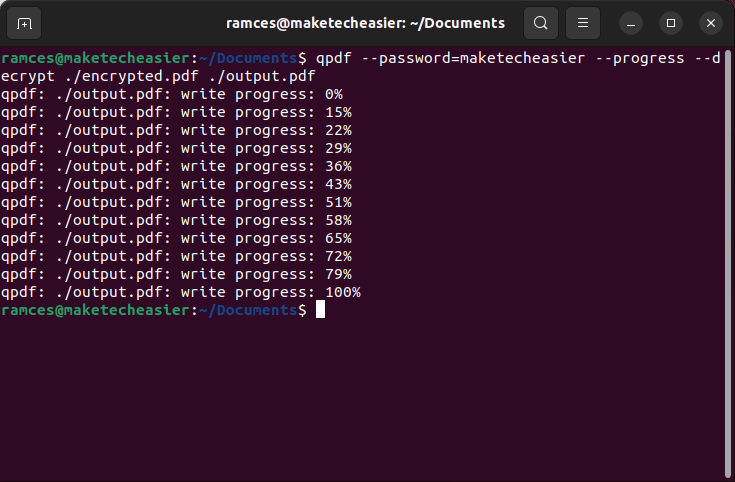 fix encrypted pdf Terminal window showing qpdf command decrypting a PDF