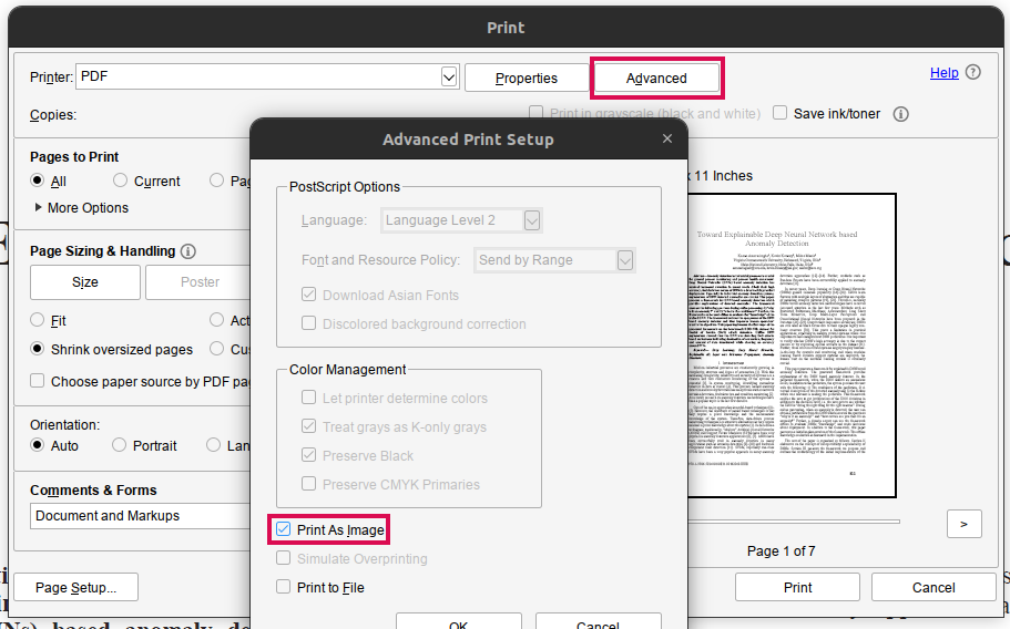 fix garbled pdf Print to PDF option in PDF reader menu