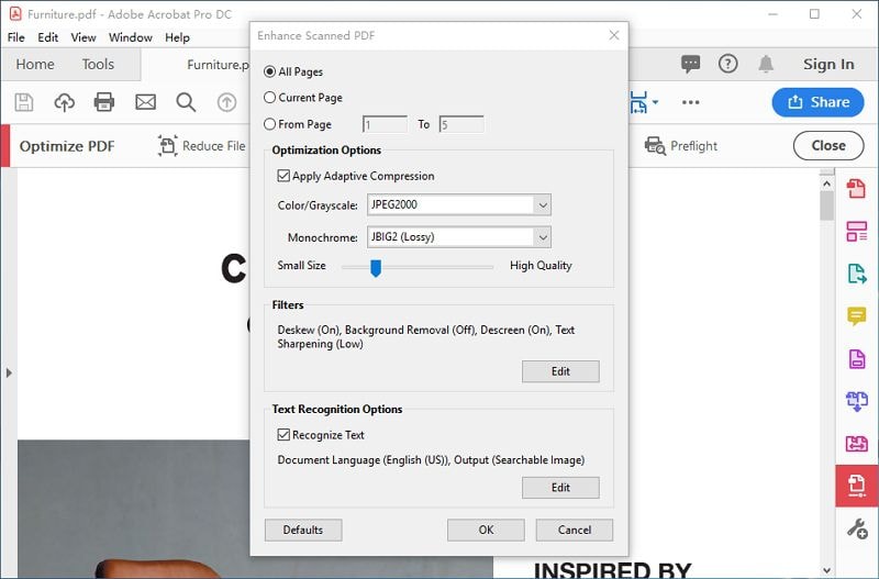 fix large pdf file Adobe Acrobat Optimize PDF image compression settings dialog