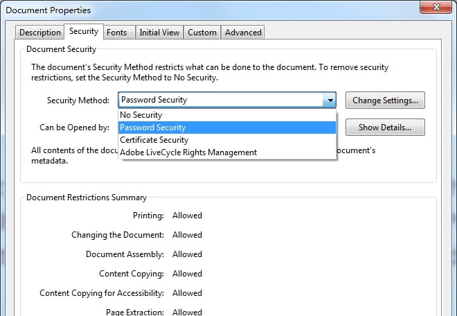 fix locked pdf screenshot of Adobe Acrobat security properties dialog showing Remove Security option