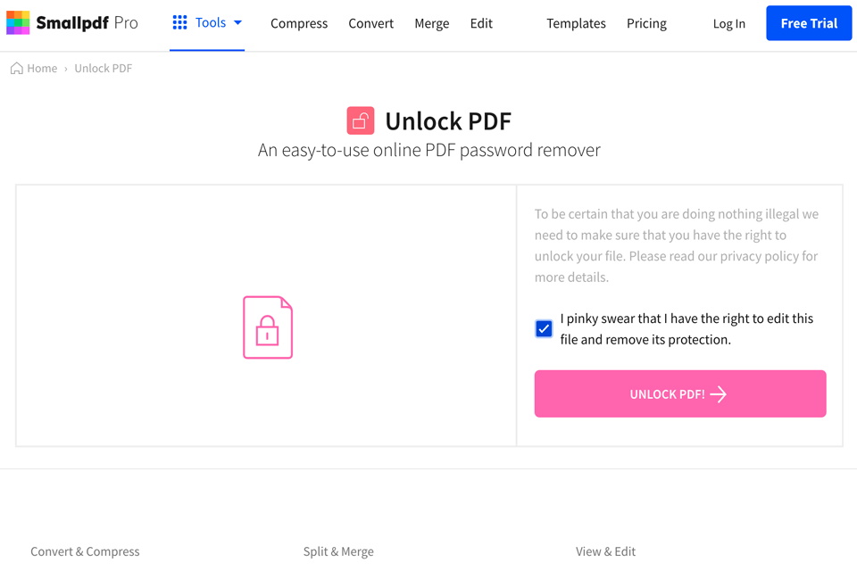 fix locked pdf screenshot of Smallpdf unlock tool interface showing upload button