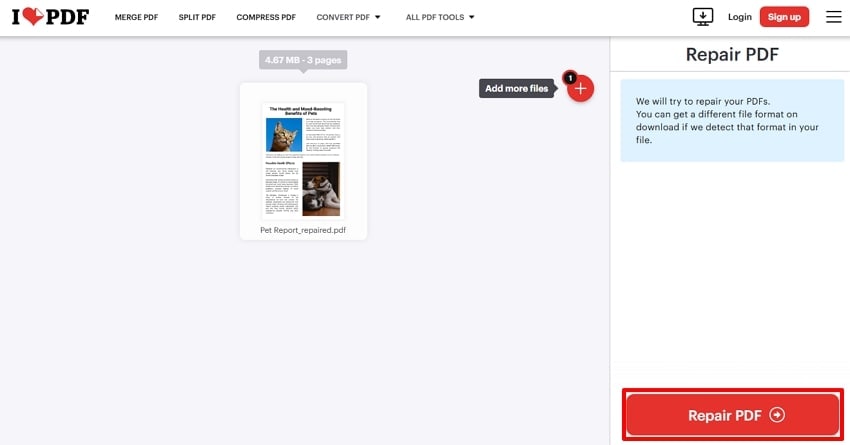 fix malformed pdf Web browser interface of ilovepdf.com PDF repair tool showing upload button