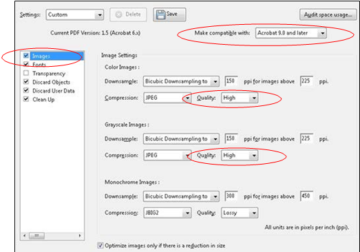 fix optimized pdf Adobe Acrobat Pro Optimized PDF settings dialog high quality