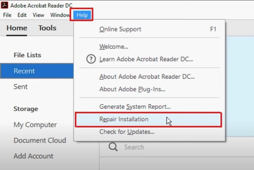 fix pdf from onedrive Adobe Acrobat Reader menu showing 'Repair Installation' option