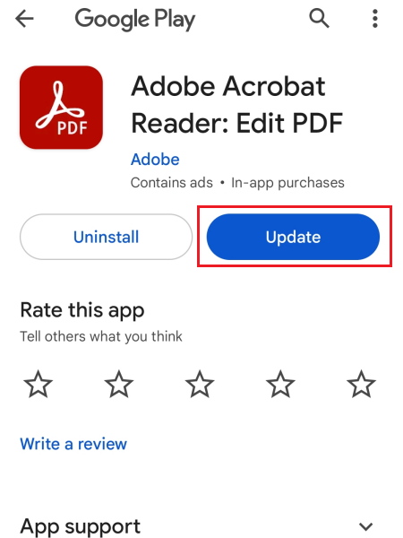 fix pdf not opening on phone App store update screen showing PDF reader app with update button