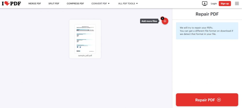 fix pdf online free iLovePDF online PDF repair tool interface with upload button