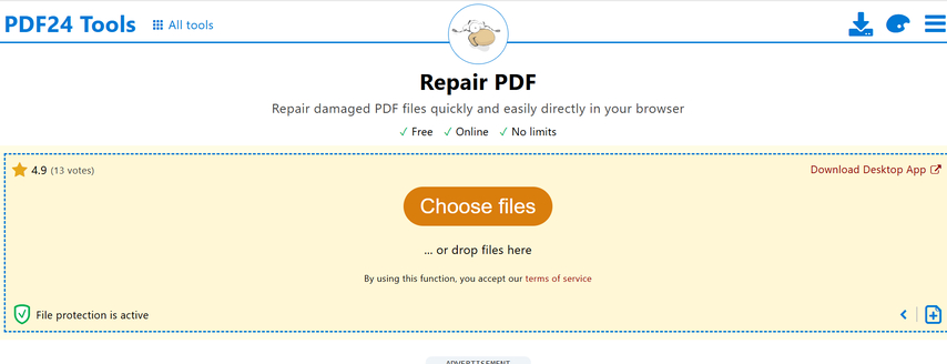 fix report pdf online PDF repair tool interface upload button