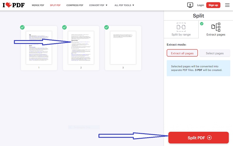 how to extract pages from corrupted pdf Ilovepdf online PDF page extractor interface showing page selection
