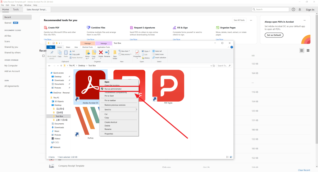 how to fix invalid pdf file Adobe Acrobat Pro interface showing 'Create PDF' option from file