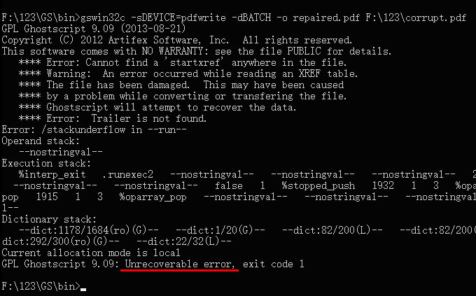 pdf file partially corrupted command prompt window with ghostscript command to extract PDF content