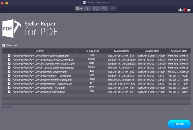 pdf file partially corrupted open PDF repair software interface showing file list and repair progress bar