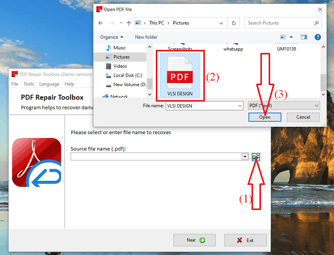 pdf file partially corrupted screenshot of an online PDF repair tool page with upload button highlighted