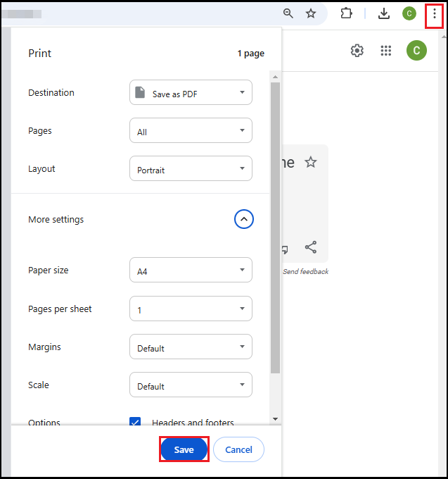 pdf file shows blank pages Print dialog box in Google Chrome with 'Save as PDF' selected