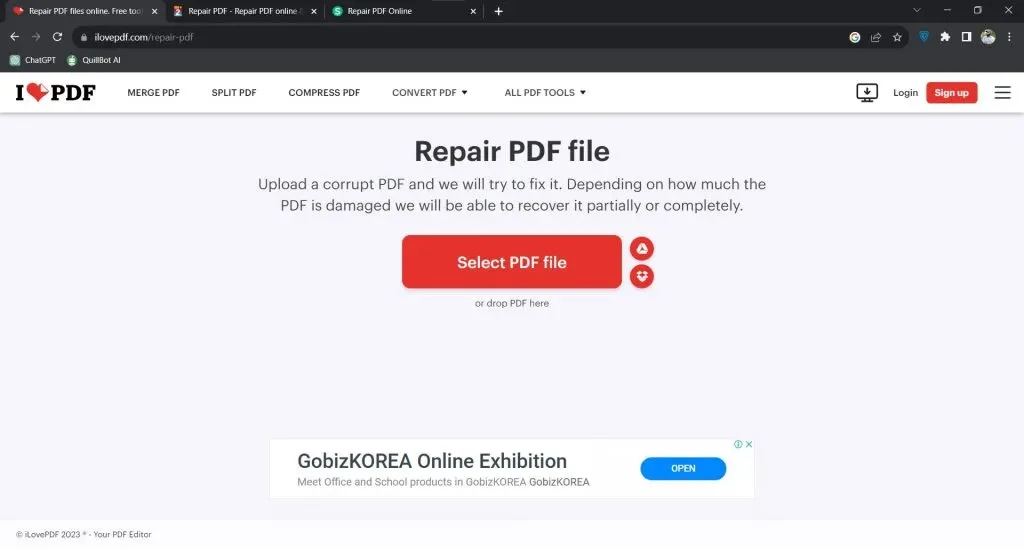 pdf file shows blank pages Smallpdf online repair tool upload interface showing blank PDF