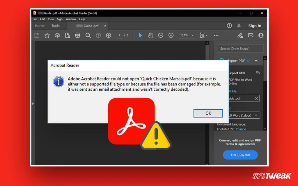 pdf open error fix PDF open error message in Adobe Acrobat Reader
