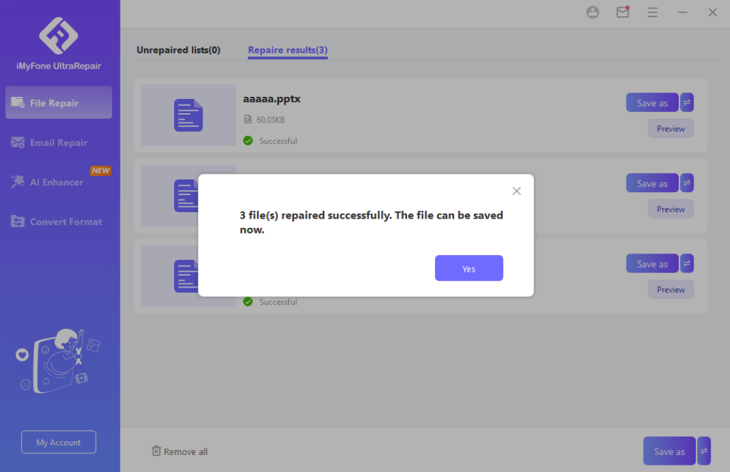 pdf open error fix PDF repair software interface showing file repair progress