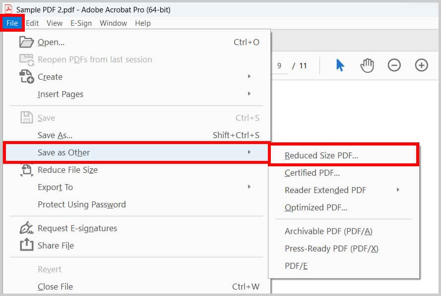 pdf page error fix Adobe Acrobat Pro menu showing Save as Optimized PDF option
