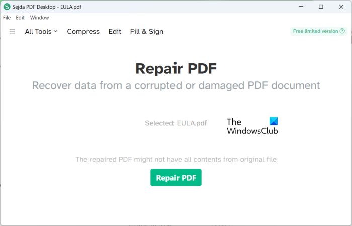 pdf page error fix screenshot of Sejda PDF repair tool webpage upload button