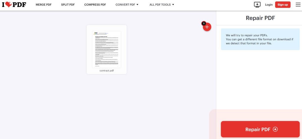 pdf preview not working fix Online PDF repair tool interface showing file upload and repair button