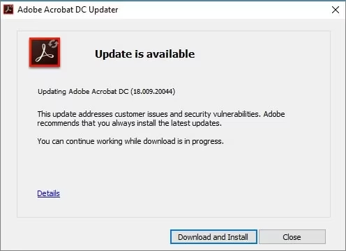 pdf preview not working fix Update Adobe Acrobat Reader dialog box showing new version available