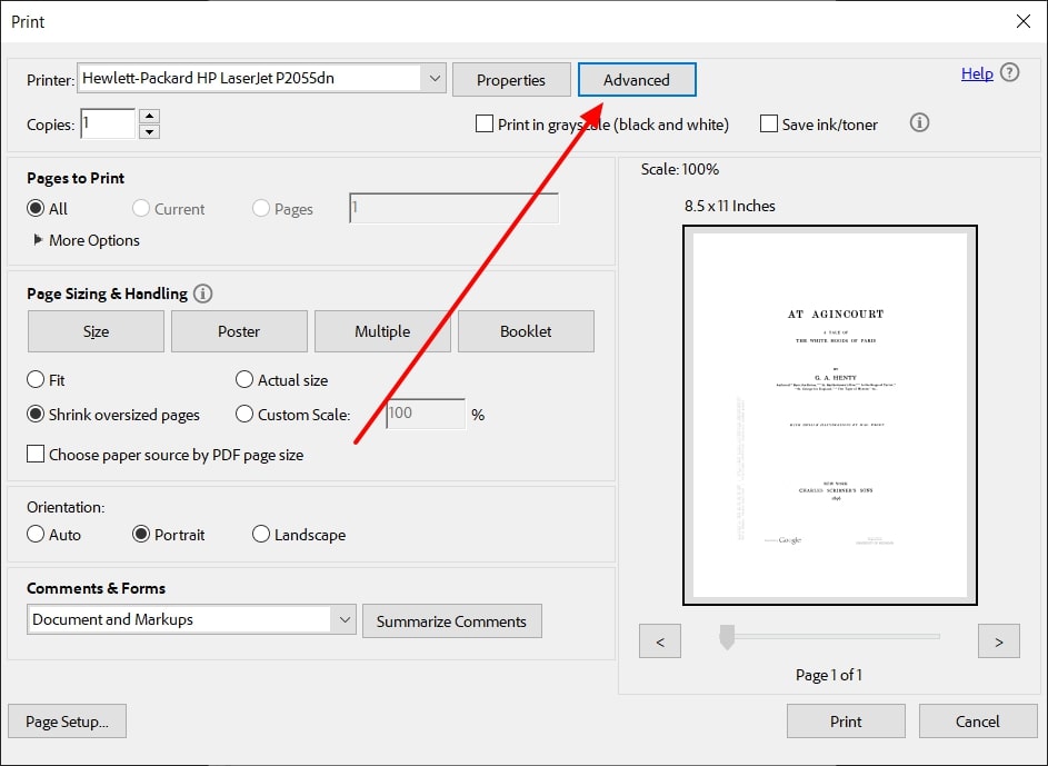 pdf printing failed repair print settings window advanced options in Adobe Acrobat