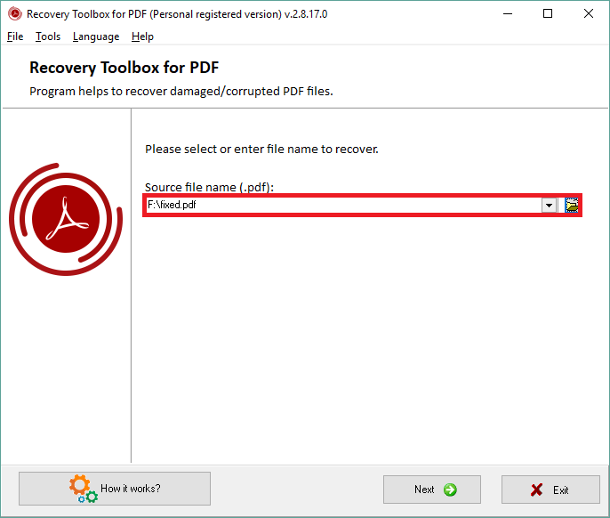 pdf recovery software screenshot of PDF repair software interface with a corrupted file loaded showing preview