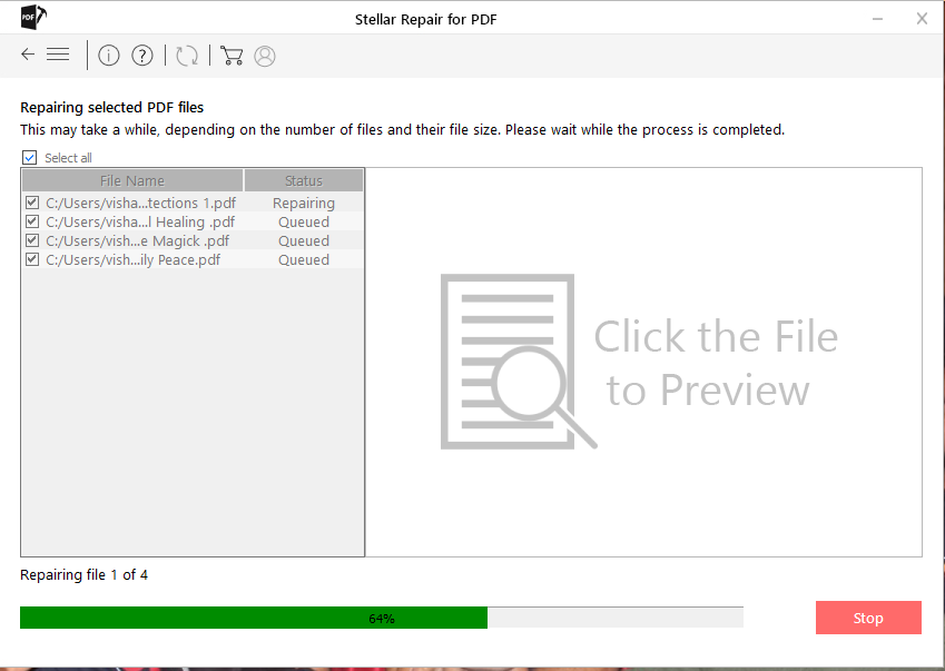 PDF repair app progress bar during scanning of corrupted file