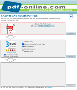 pdf repair for unreadable files Online PDF repair tool upload interface showing file selection