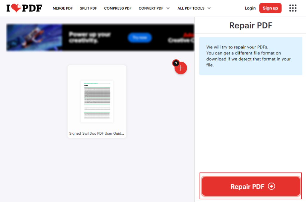pdf repair for unreadable files PDF to Word conversion dialog with file upload form