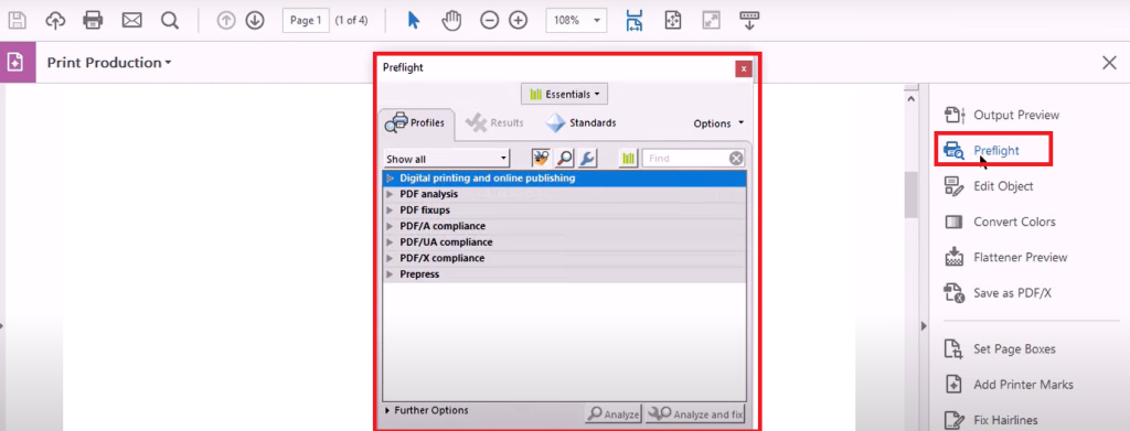 pdf validation repair Adobe Acrobat Pro Preflight tool interface with analysis results