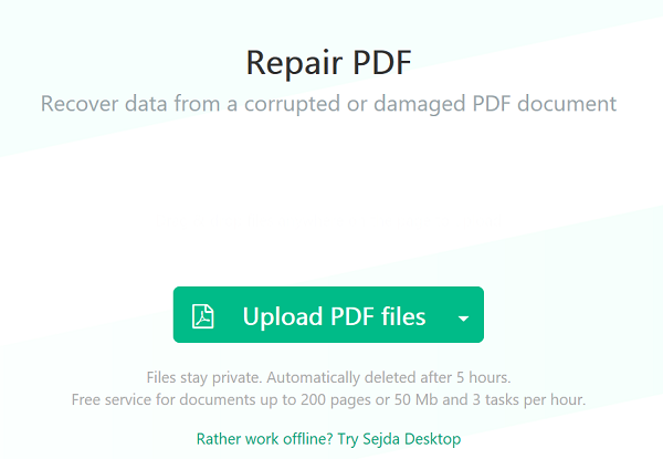recover 0kb pdf Online PDF repair tool website with upload button and processing status bar