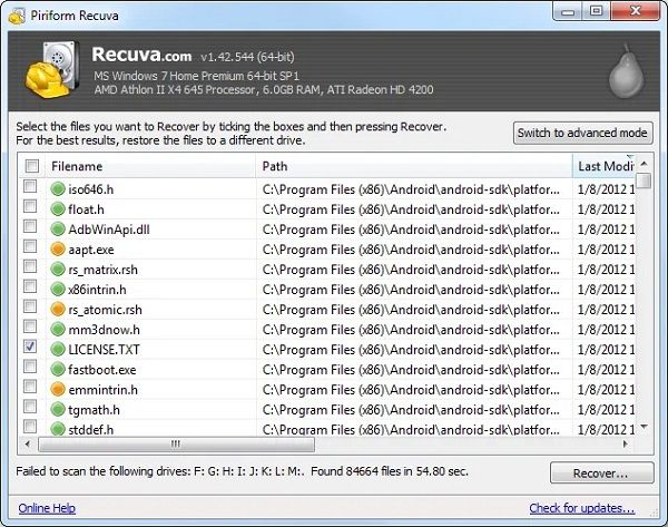 recover 0kb pdf Recuva data recovery software scanning hard drive showing list of recovered PDF files