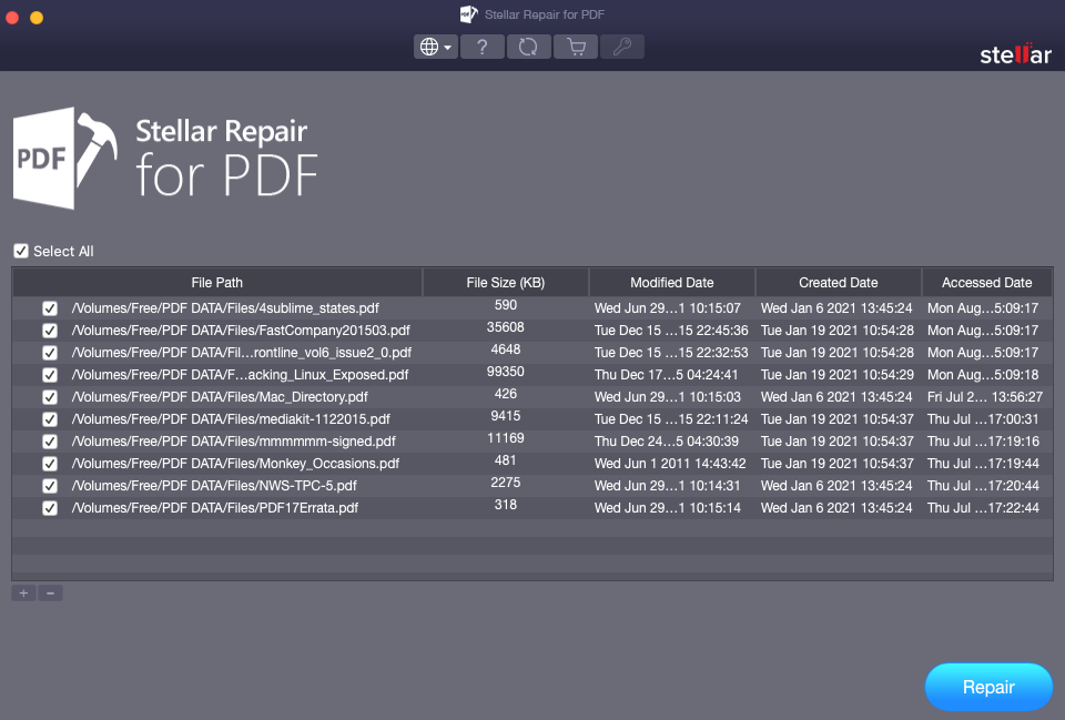 recover 0kb pdf Stellar Repair for PDF interface showing scanned PDF files with recovery progress
