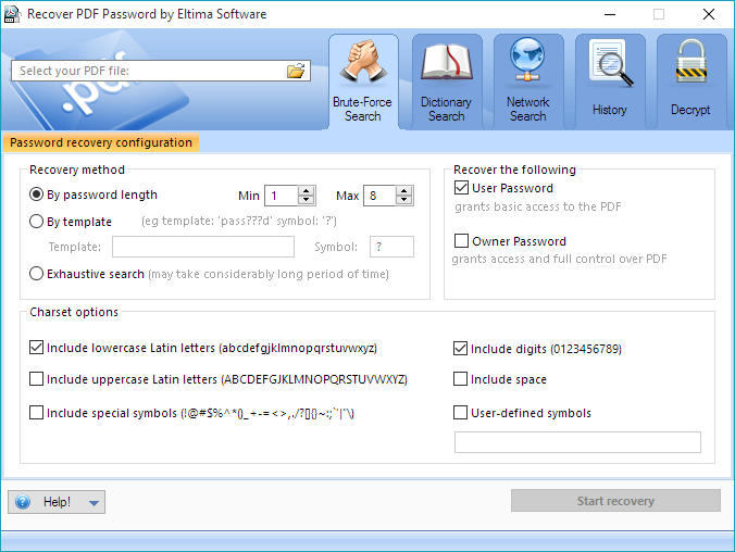 recover password protected pdf password cracking software interface showing progress