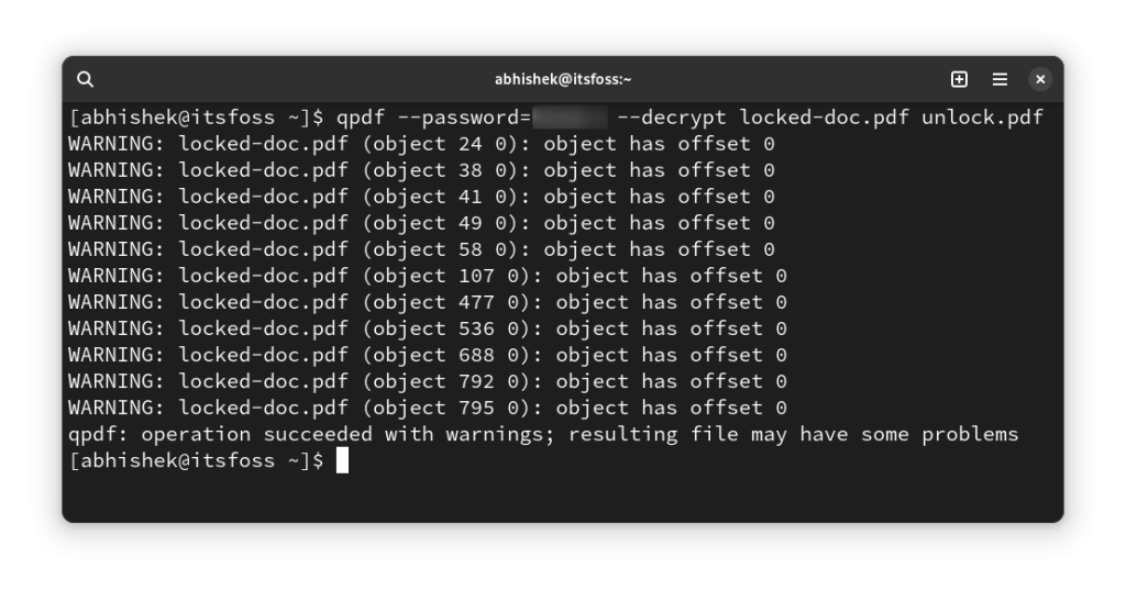 recover password protected pdf terminal window running qpdf command to remove PDF password