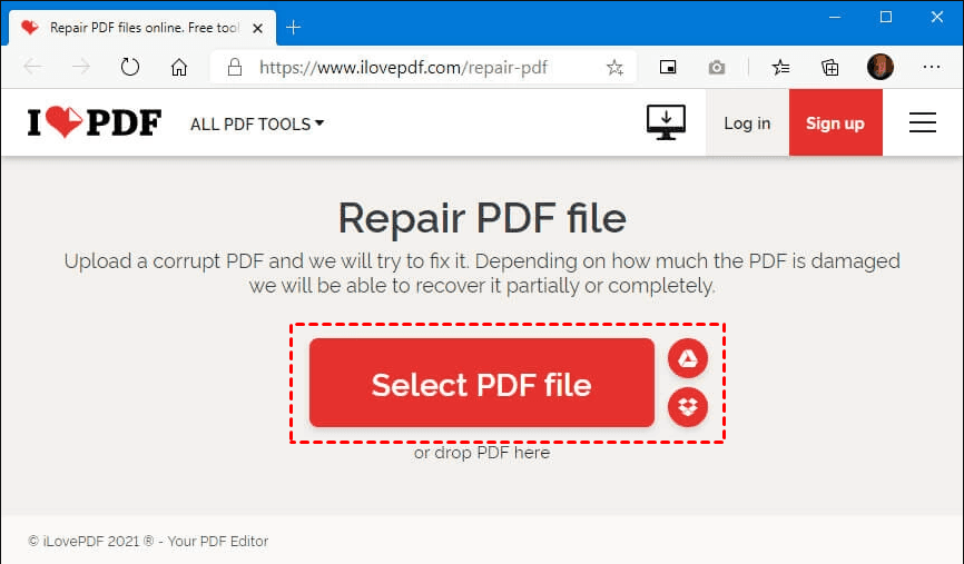 recover pdf pages online pdf repair tool upload page showing file selection