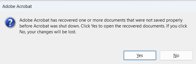 recover report pdf opening PDF in Adobe Acrobat Reader error message
