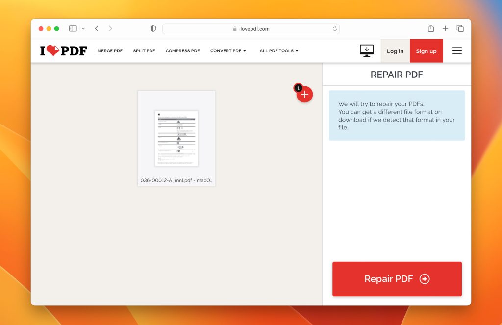 recover report pdf screenshot of online PDF repair tool upload page showing a report pdf