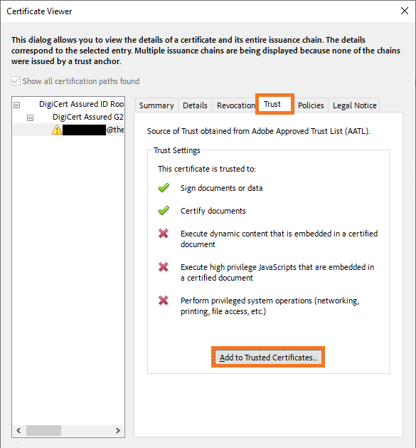 repair digital signed pdf Adobe Acrobat Preferences Signatures Trusted Certificates window