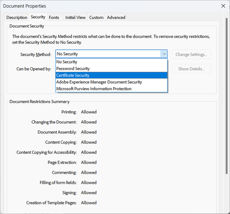 repair encrypted pdf Adobe Acrobat Security tab removing password screenshot