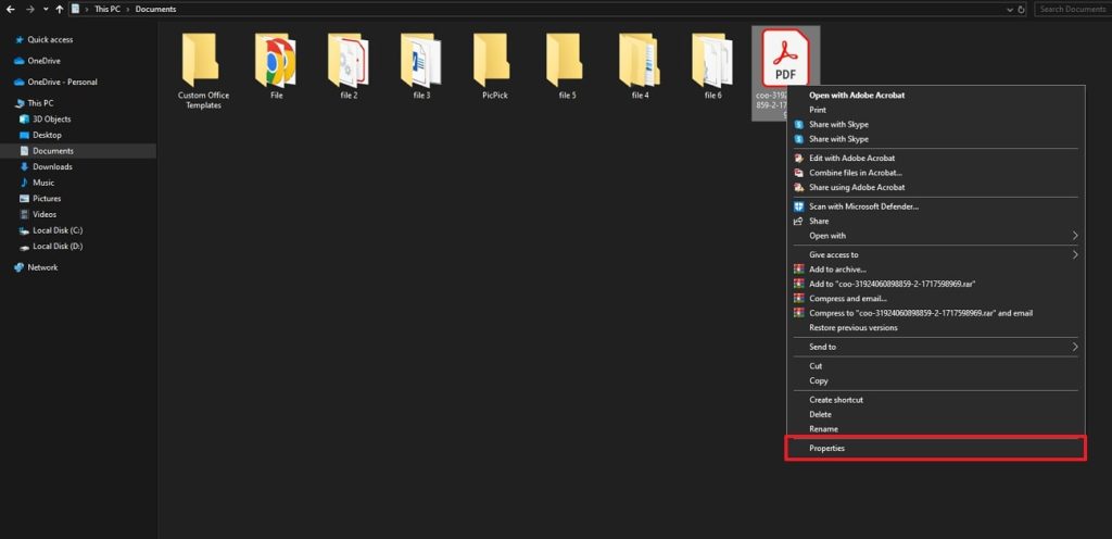 repair pdf after download PDF file properties showing size in Windows