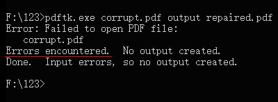 repair pdf after file corruption command prompt window running pdftk repair command