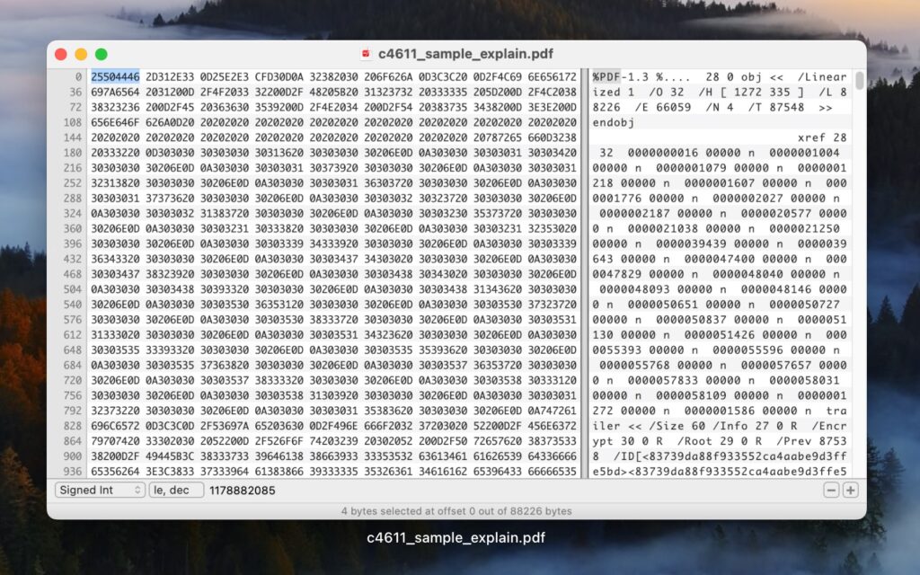repair pdf after network transfer hex editor displaying PDF file structure with hexadecimal values