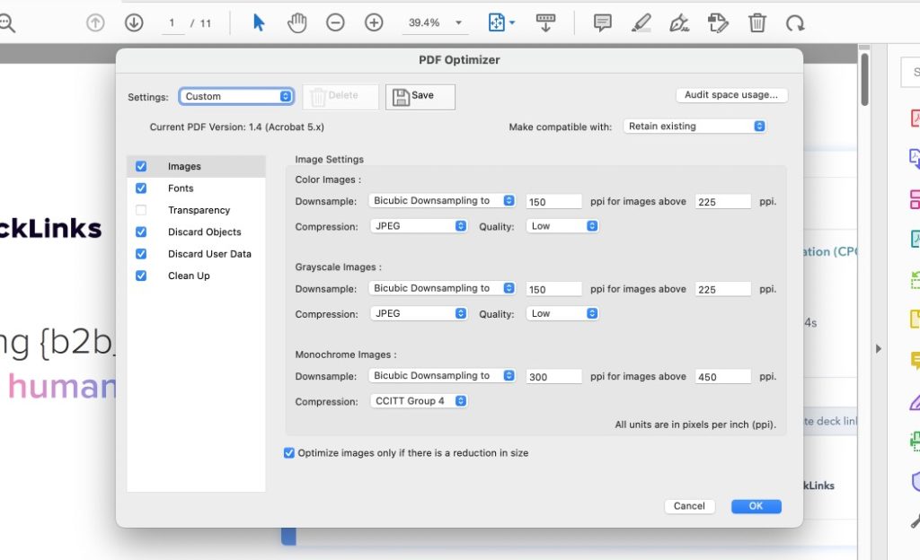 repair pdf compression Adobe Acrobat Pro PDF Optimizer settings window highlighting image downsampling and compression options