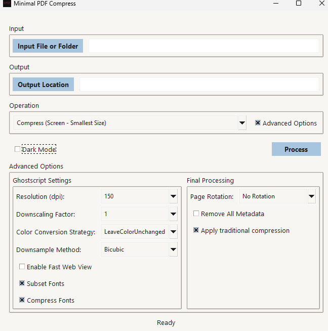 repair pdf compression Ghostscript command prompt window running pdfwrite command to recompress PDF