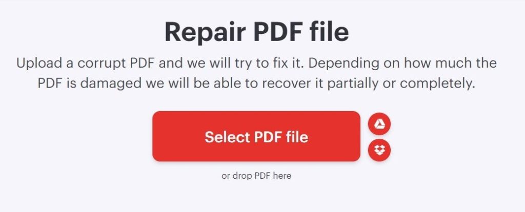 repair pdf document Smallpdf online PDF repair tool interface