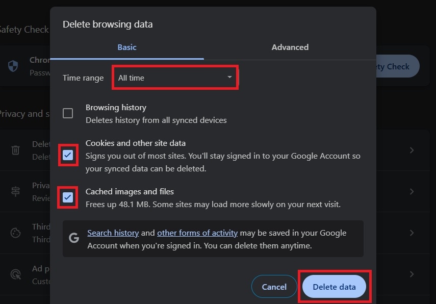 repair pdf download error browser settings menu with clear cache and cookies option highlighted